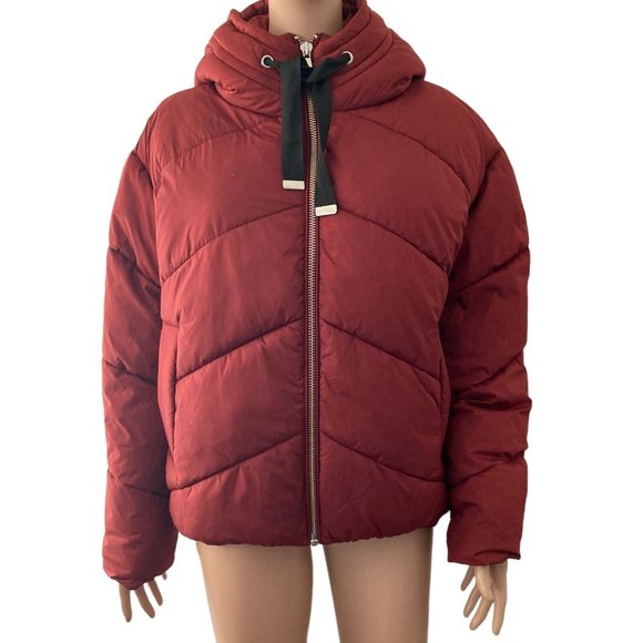 # 87 Nordstrom Puffer Coat Jacket Womens Size Medium Burgundy Wine New Chevron - Picture 7 of 10